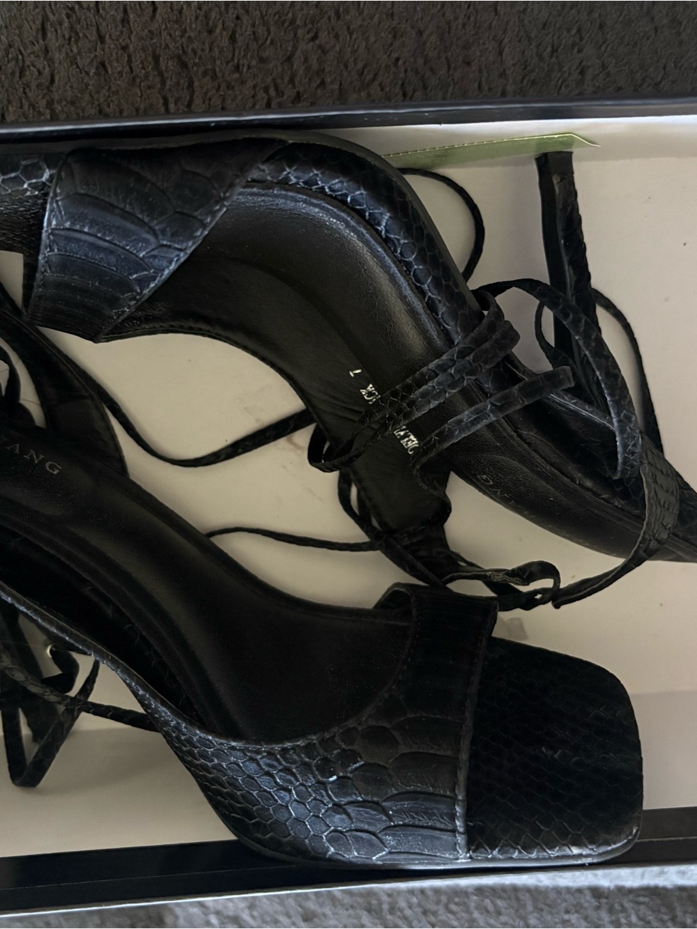Black Textured Square-Toe Lace-Up Heels for Women